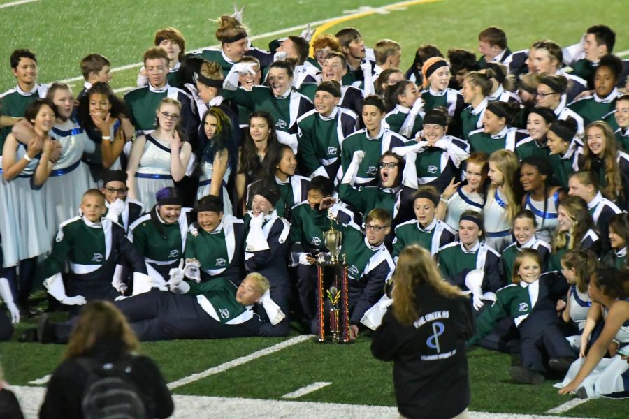 Marching Band celebrates their win at Harrison Marching Festival.