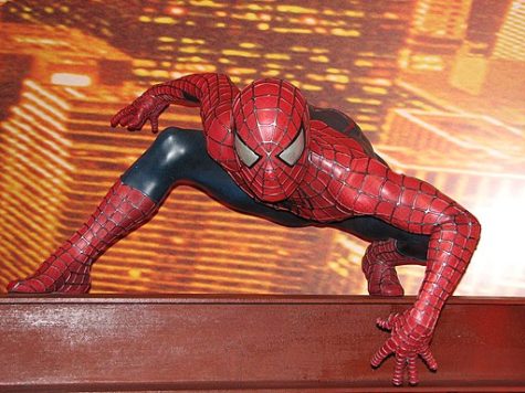 Wax statue of the spider man from the Sam Raimi movies, displayed in Madame Tussauds in London.