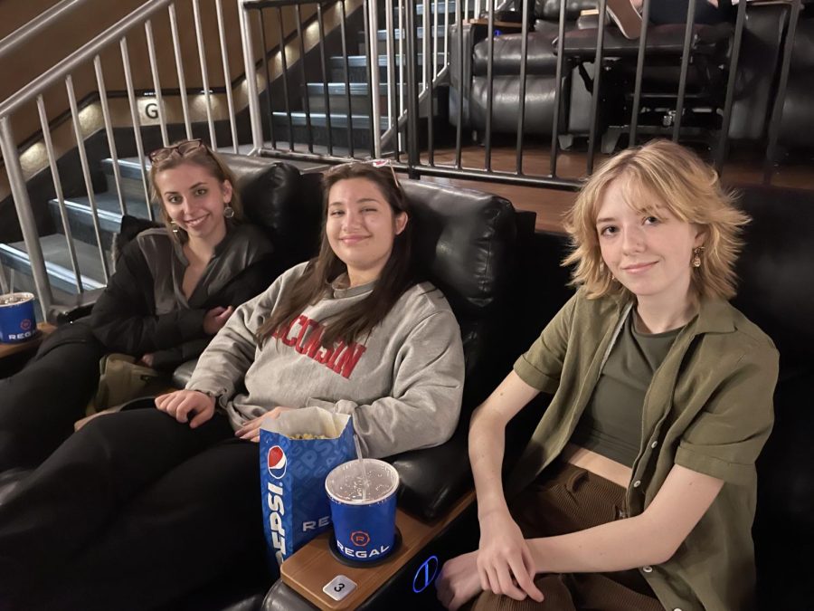 Sophia Crandall (11), Abbi Serra (11) and Maggie Bratton (11) get ready to enjoy the PCHS showing of "The Batman."