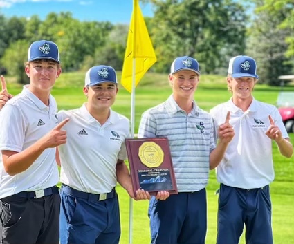 Luke Wright (10), Bentley Barnett (12), Wesley Erling (12) and Rylen Caldwell (12) celebrate their first place win at the 5A Northern Regional Boys Golf tournament on September 20, 2022.