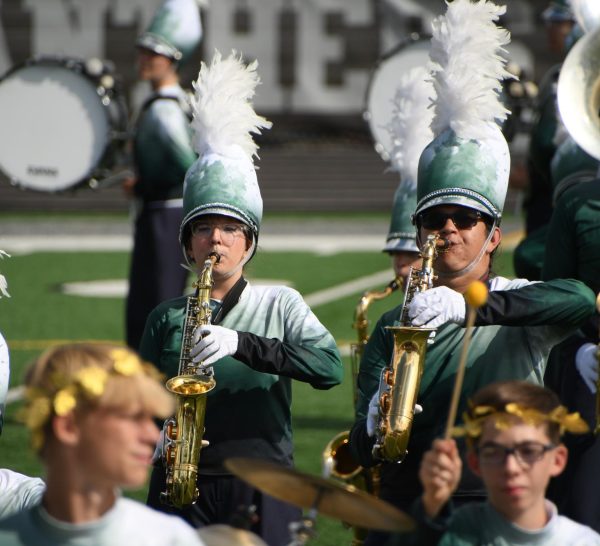 Band members performing at the Harrison Marching Band Festival on October 12.